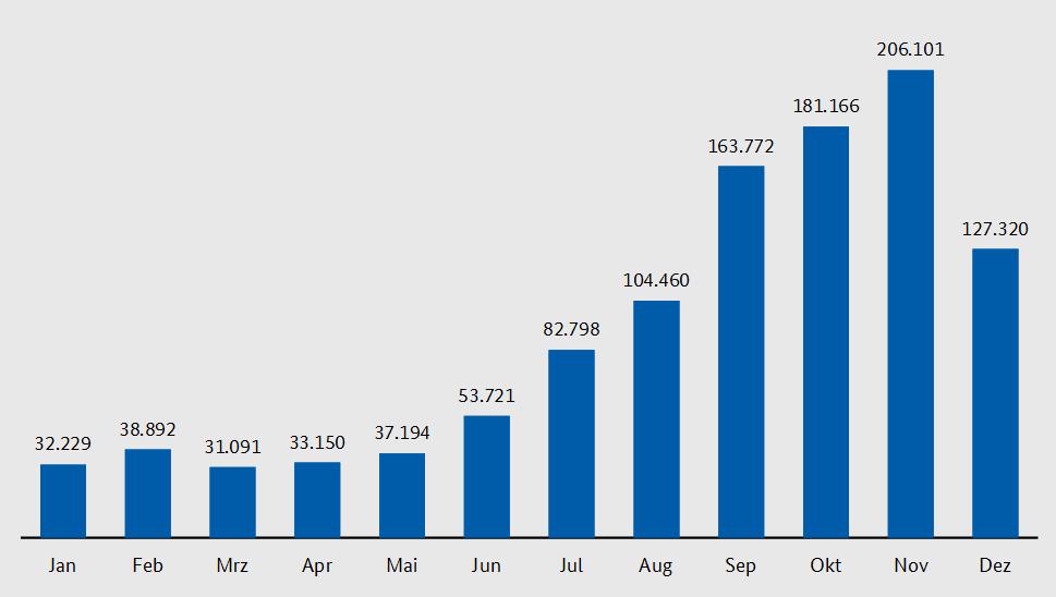 Vývoj počtu žiadostí o azyl v roku 2015 (január-december) (Zdroj: Kriminalität im Kontext von Zuwanderung Bundeslagebild 2015)